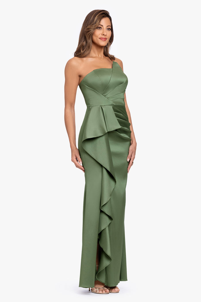 Olive “Effie” Mikado Asymmetrical Strapless Dress, three-quarter view