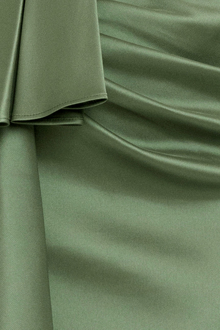 Olive “Effie” Mikado Asymmetrical Strapless Dress, Mikado fabric and cascading ruffle detail