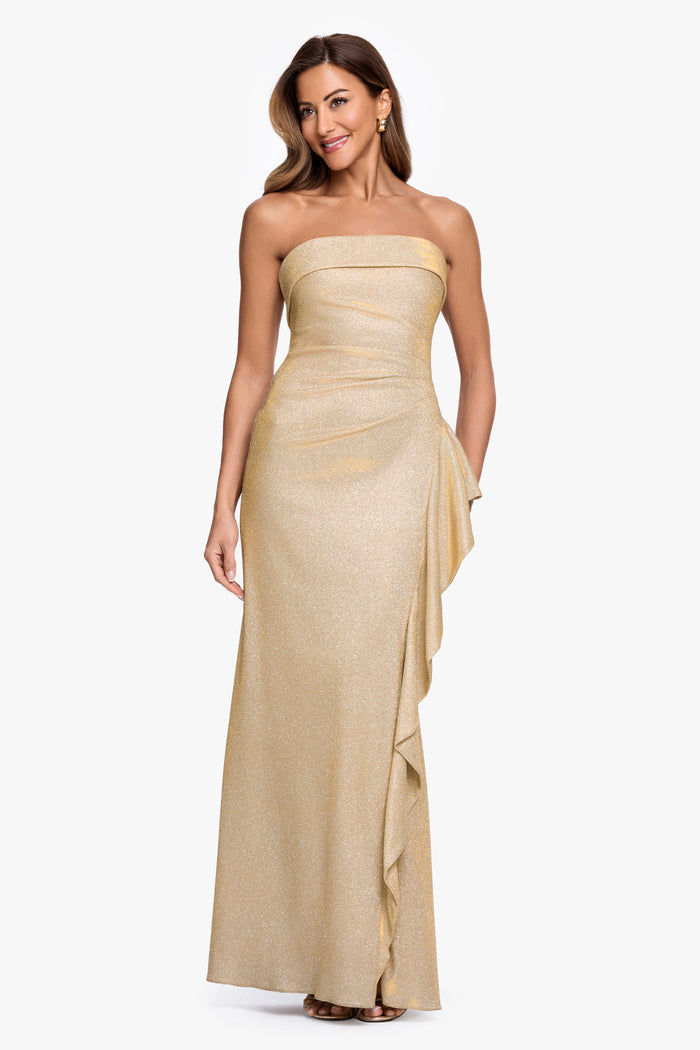 Gold/Silver “Elena” Metallic Strapless Side Ruffle Dress, front view