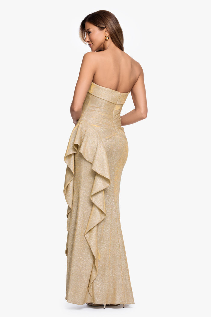Gold/Silver “Elena” Metallic Strapless Side Ruffle Dress, back view showing the cascading side ruffle