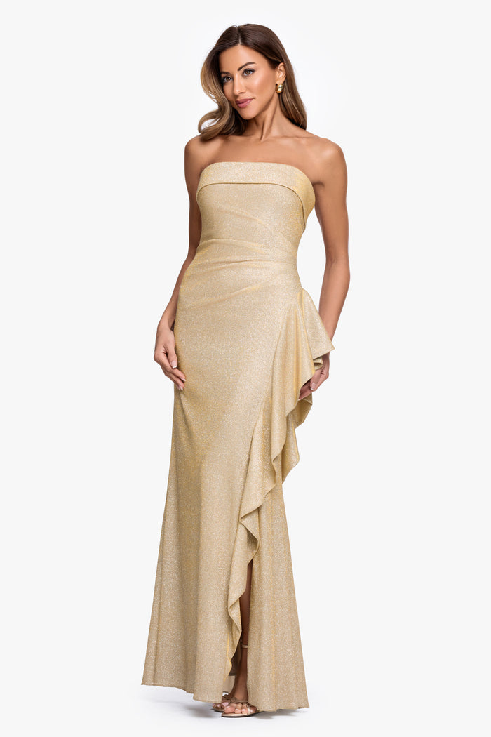 Gold/Silver “Elena” Metallic Strapless Side Ruffle Dress, angled three-quarter view with side slit