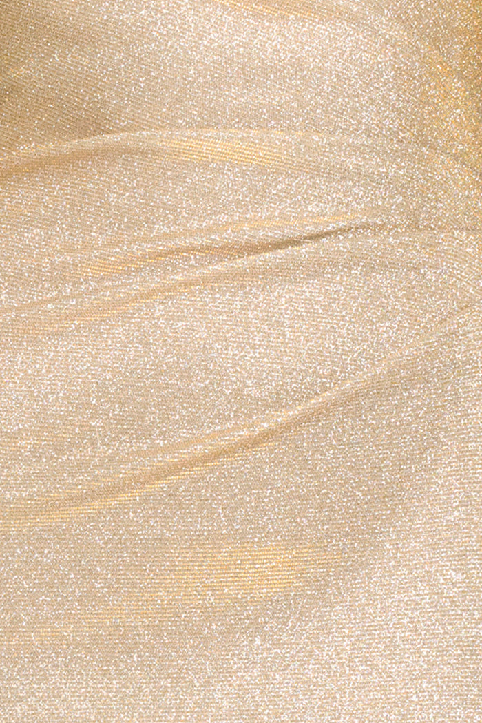 Gold/Silver “Elena” Metallic Strapless Side Ruffle Dress, glitter metallic fabric and ruching detail