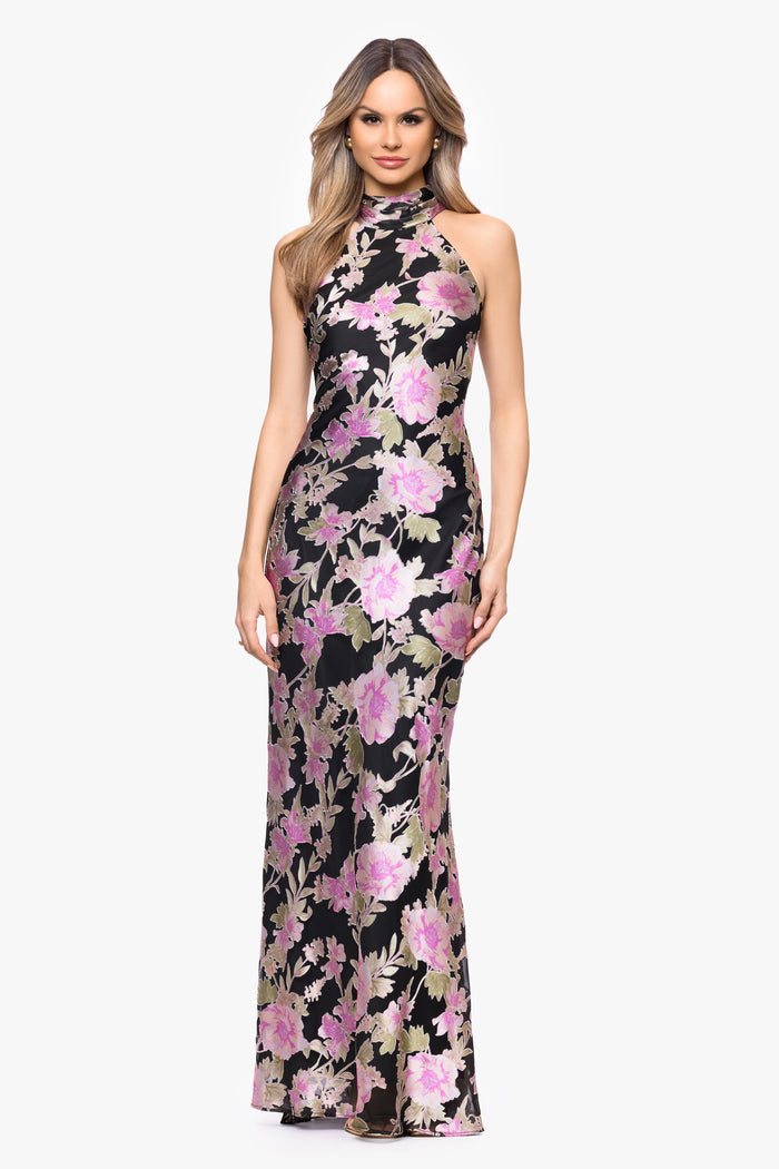 Black/Multi “Elliot” Burnout Chiffon Halter Tie Dress, front view