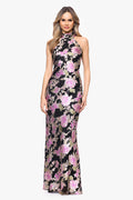 Black/Multi “Elliot” Burnout Chiffon Halter Tie Dress, front view