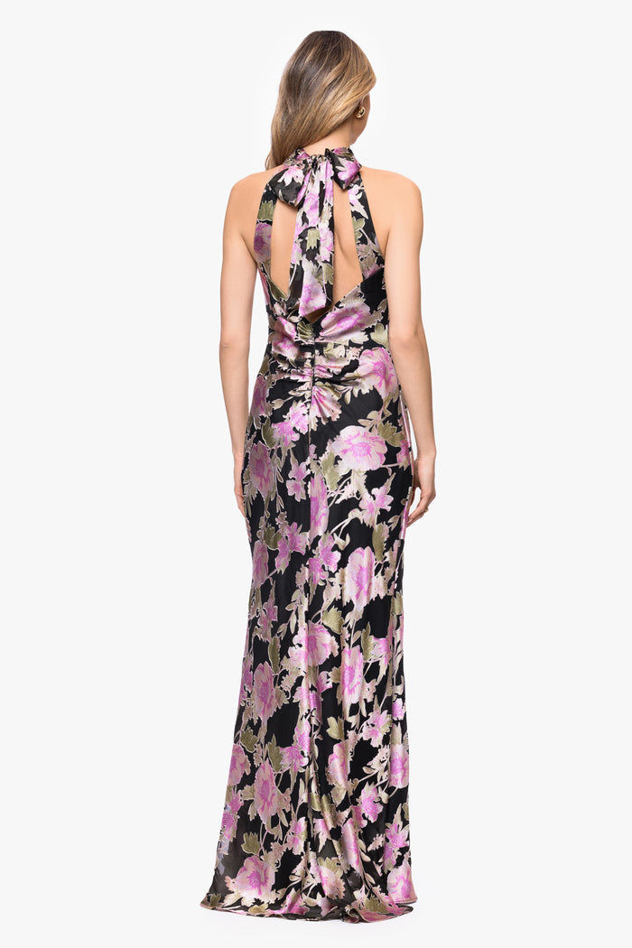 Black/Multi “Elliot” Burnout Chiffon Halter Tie Dress, back view showing the tied halter neckline