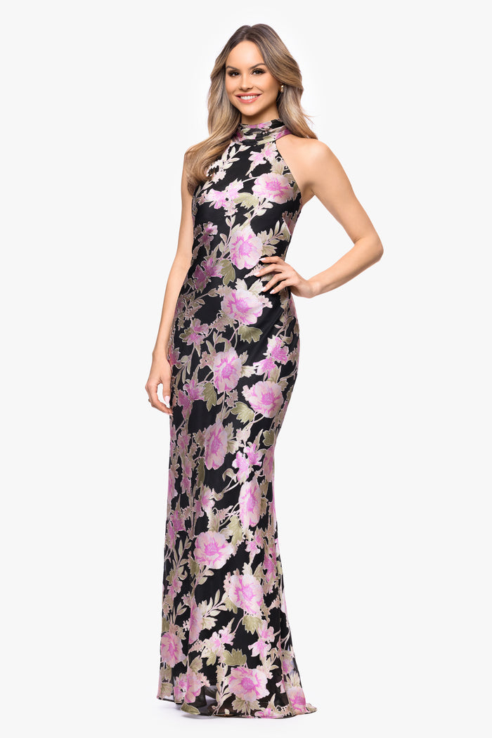 Black/Multi “Elliot” Burnout Chiffon Halter Tie Dress, angled three-quarter view