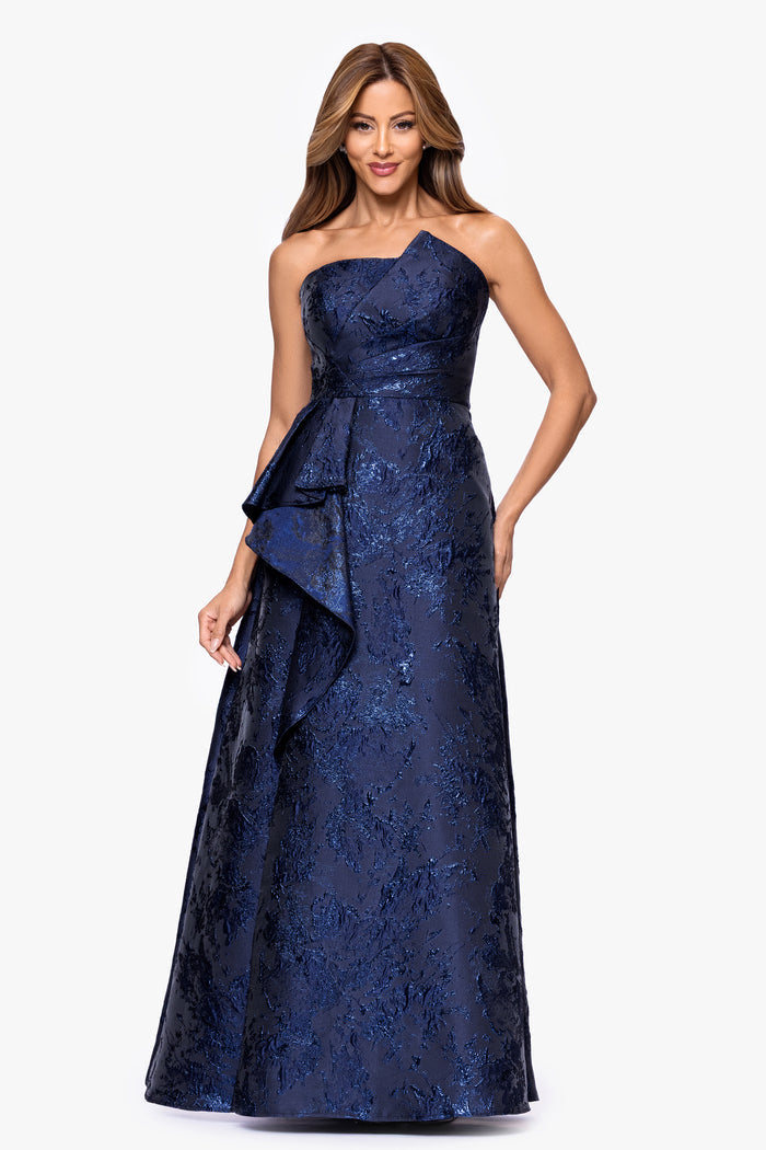 Navy “Emelia” Brocade Strapless Ruffle Dress, front view