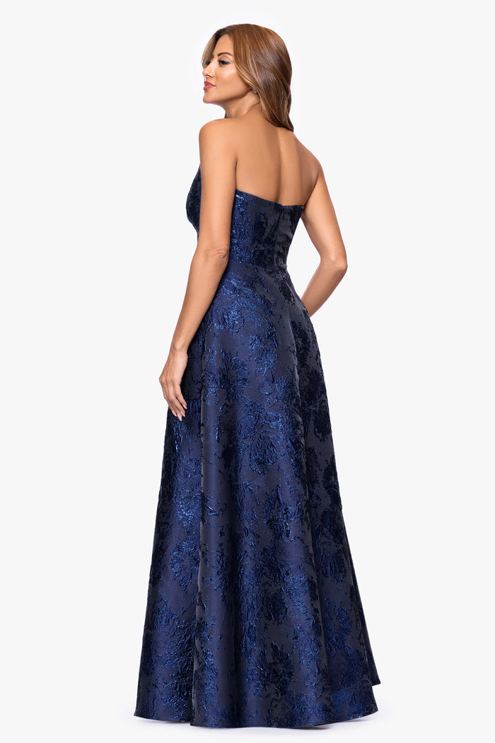 Navy “Emelia” Brocade Strapless Ruffle Dress, back view