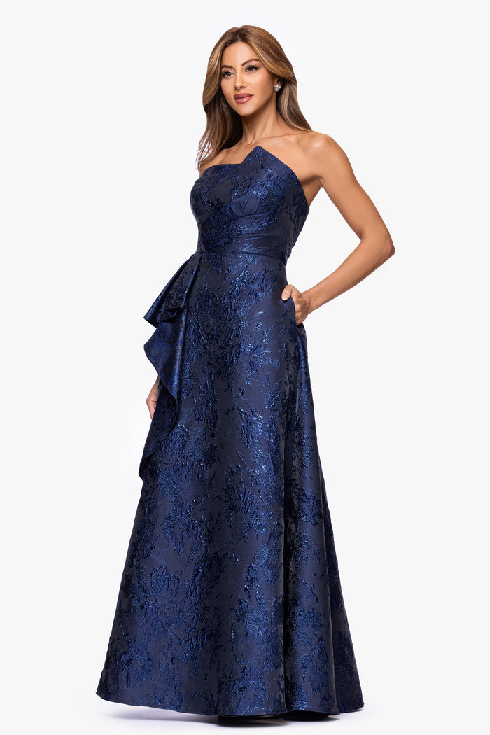 Navy “Emelia” Brocade Strapless Ruffle Dress, alternate front view