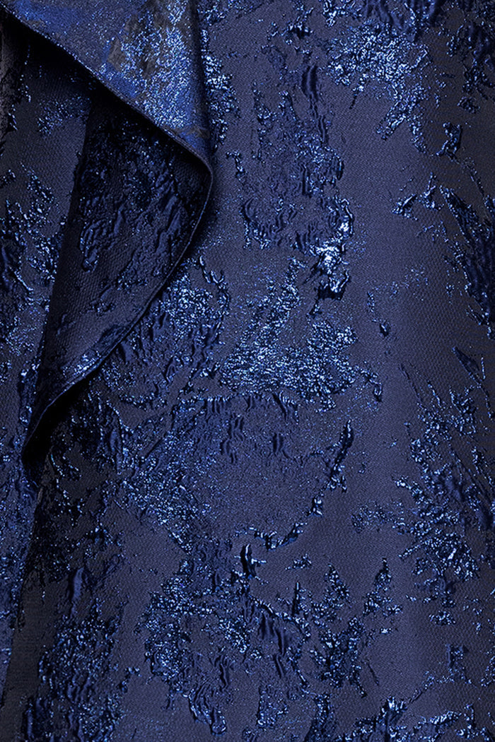 Navy “Emelia” Brocade Strapless Ruffle Dress, floral brocade fabric and ruffle detail