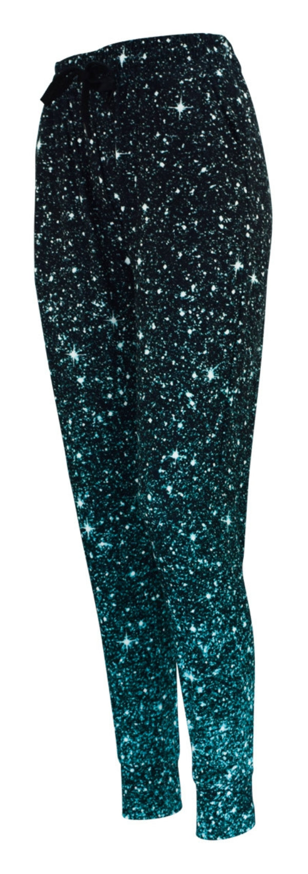 Slim fit Emerald Cosmos Joggers with emerald green fade, sparkle effect, drawstring waist, cuffed bottoms, and pockets.