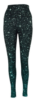 Emerald cosmos print leggings with green gradient and deep side pockets, sparkle effect fabric