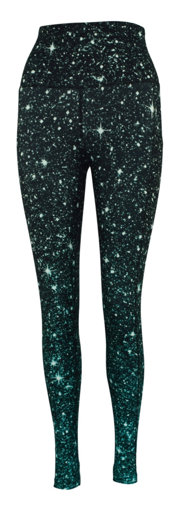 Emerald cosmos print leggings with green gradient and deep side pockets, sparkle effect fabric