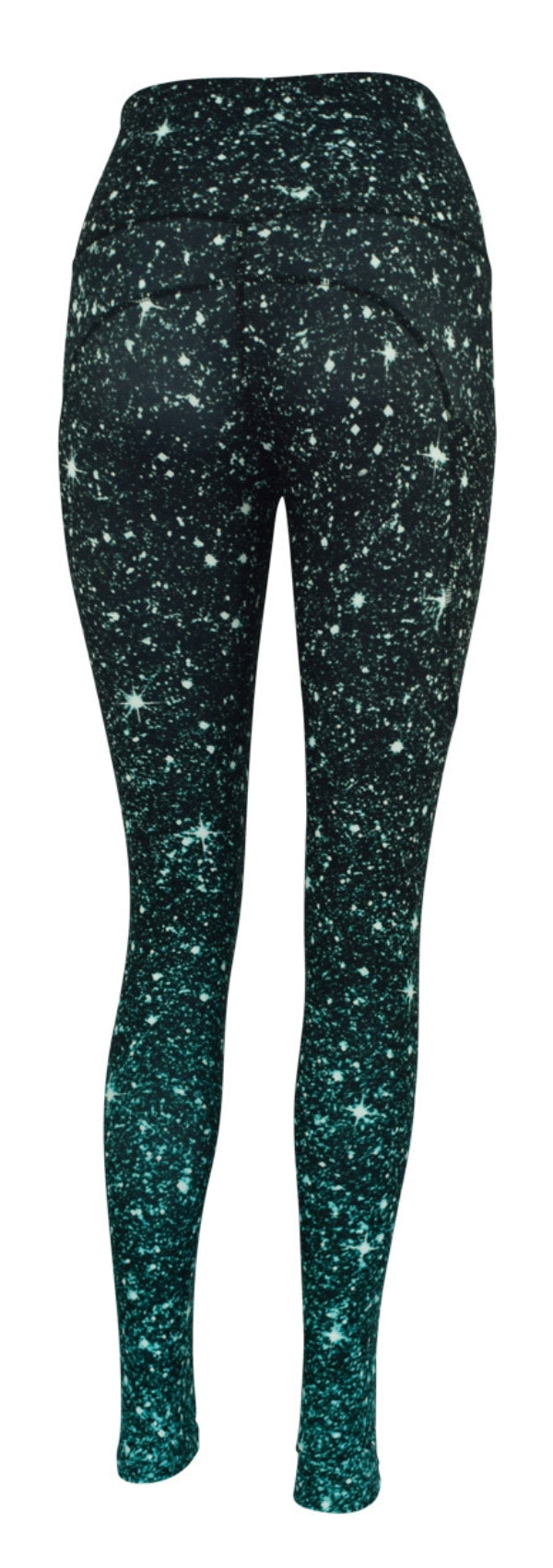 Women's emerald green cosmos print leggings with sparkle effect and deep side pockets