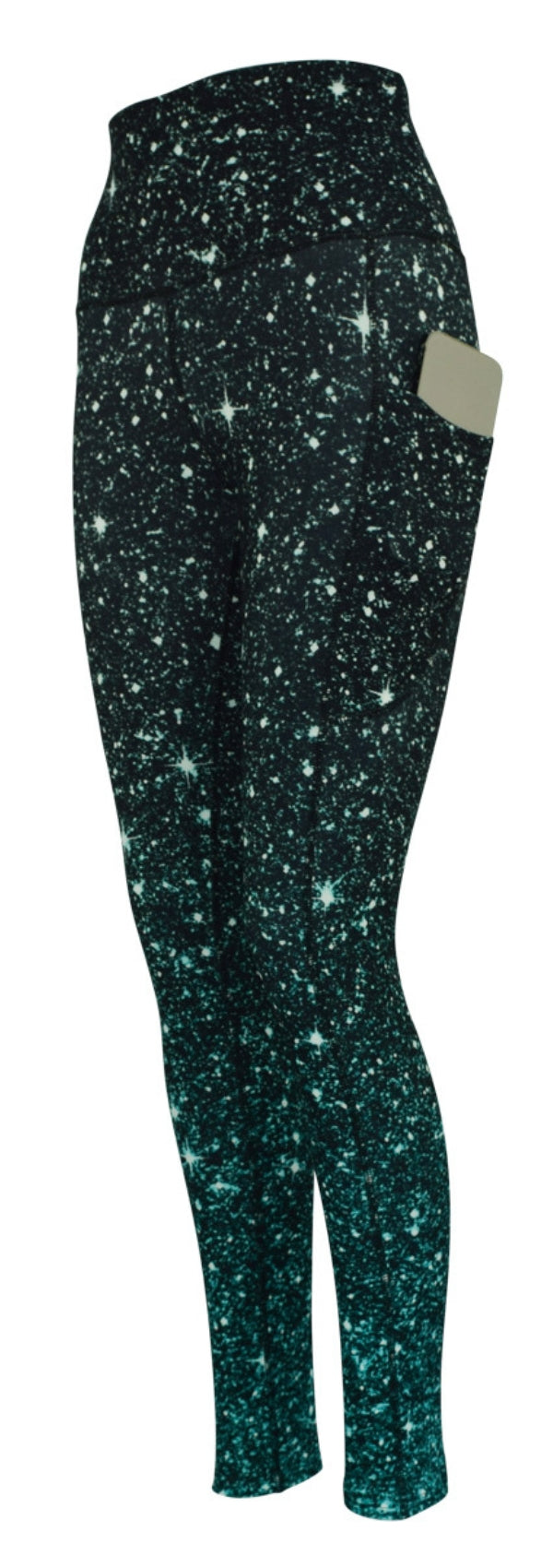 Women's leggings with emerald green cosmos design and deep side pockets