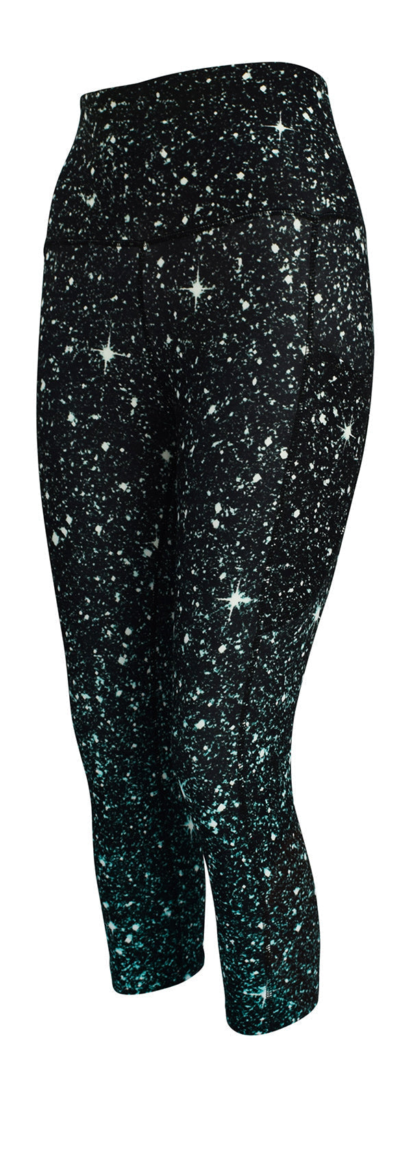 Black leggings with emerald green cosmic fade and sparkle effect featuring deep side pockets and structured stitching