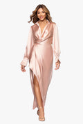 Rose “Emery” Satin Long Sleeve Collared Dress, front view