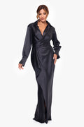 Black “Emery” Satin Long Sleeve Collared Dress, front view