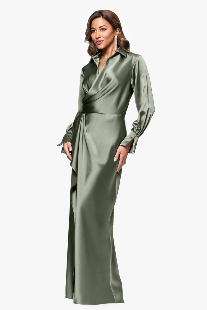 Olive Petite “Emery” Satin Long Sleeve Collared Dress, three quarter view.