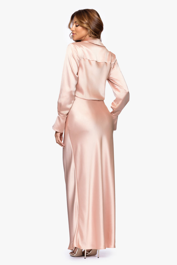 Rose “Emery” Satin Long Sleeve Collared Dress, back view