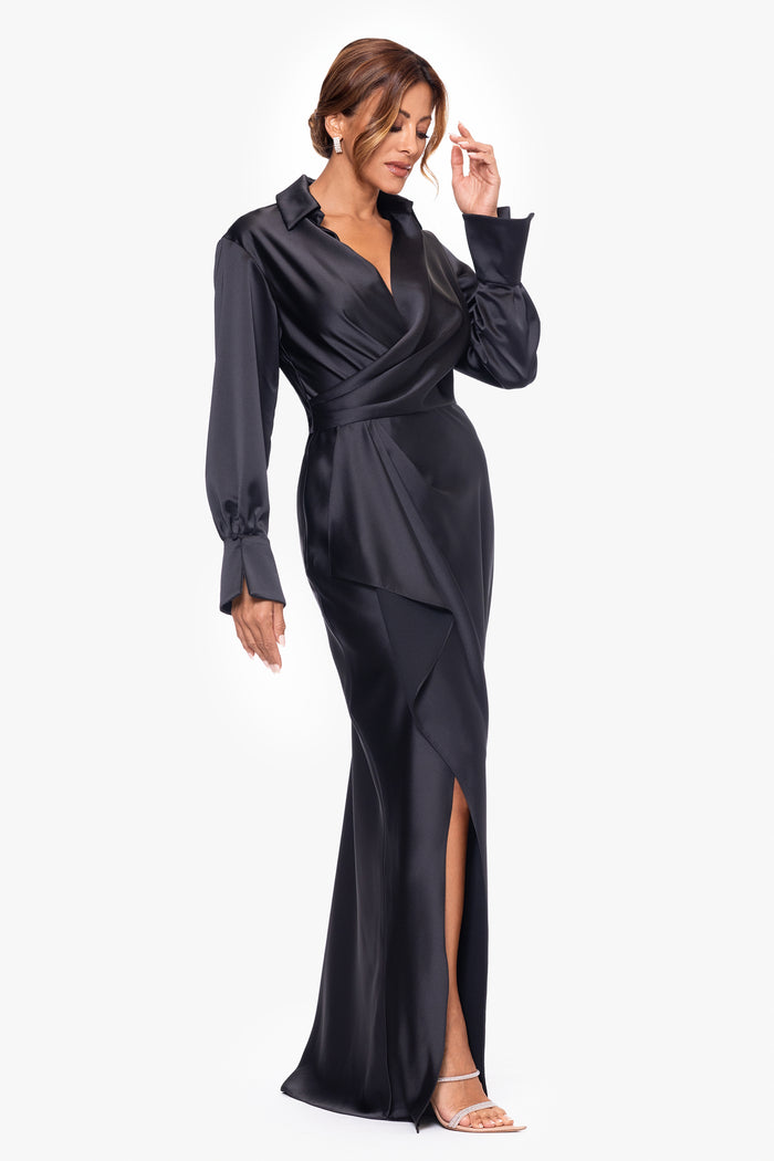 Black “Emery” Satin Long Sleeve Collared Dress, alternate three-quarter view