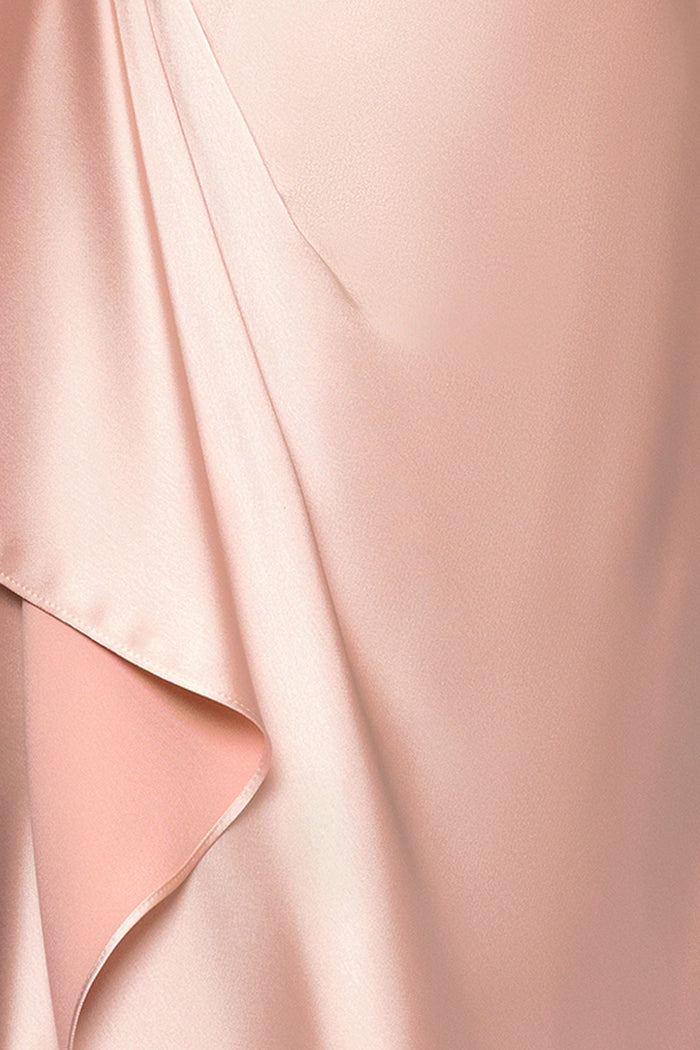 Rose “Emery” Satin Long Sleeve Collared Dress, satin fabric and draping detail