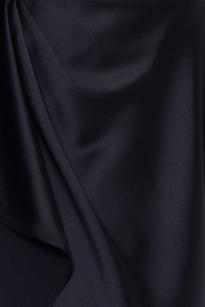 Black “Emery” Satin Long Sleeve Collared Dress, satin fabric and draping detail