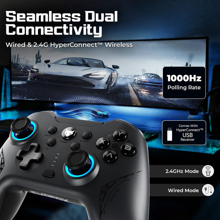 EvoFox Elite X2 Wireless Gaming Controller For PC with 1000Hz Polling Rate, Dual-Mode (2.4G & Type C), Hallsense™ Magnetic Hall 3D Joysticks & Triggers, EZ Click Macros, Dual Vibration Motors - Unboxify