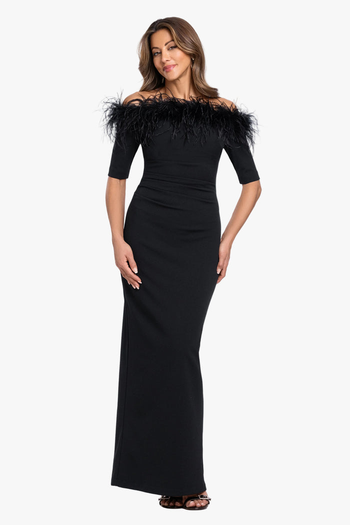 "Fawn" Scuba Crepe Off Shoulder Feather Dress