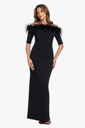 "Fawn" Scuba Crepe Off Shoulder Feather Dress