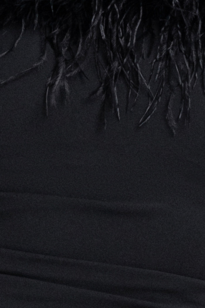 "Fawn" Scuba Crepe Off Shoulder Feather Dress
