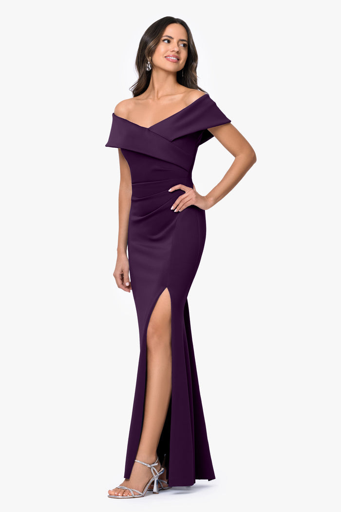 Plum “Faye” Techno Scuba Pleated Dress, angled three-quarter view with side slit