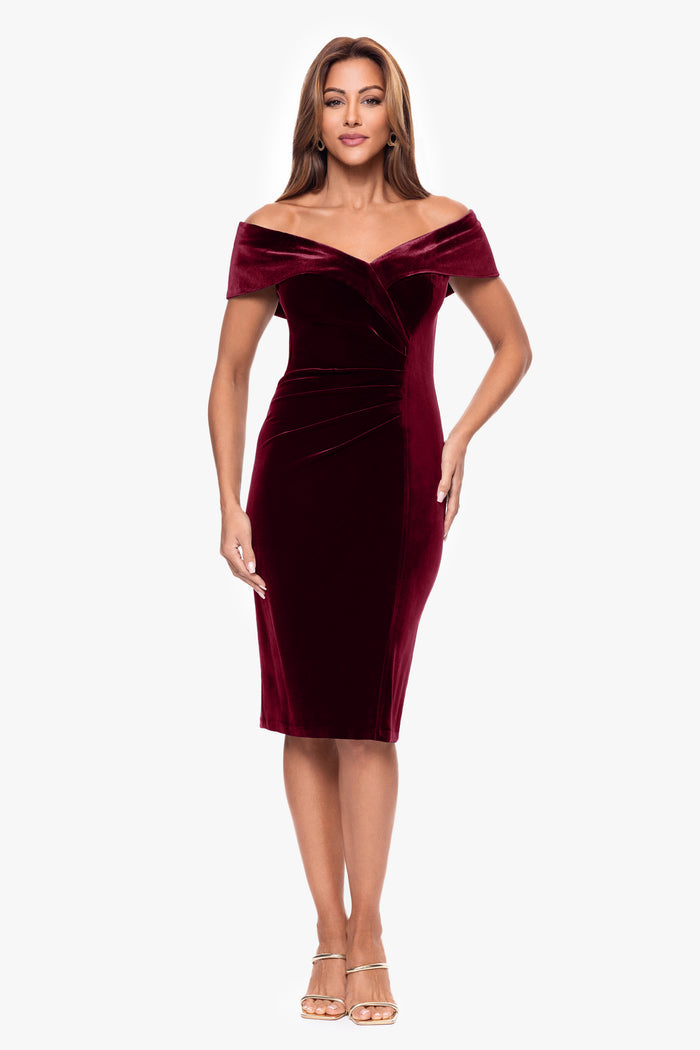 Burgundy “Felicity” Off the Shoulder Ruched Velvet Dress, front view