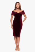 Burgundy “Felicity” Off the Shoulder Ruched Velvet Dress, front view