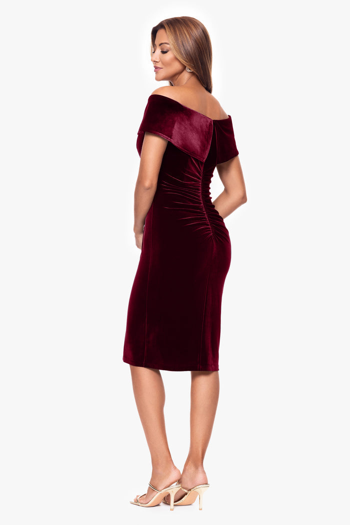 Burgundy “Felicity” Off the Shoulder Ruched Velvet Dress, back view