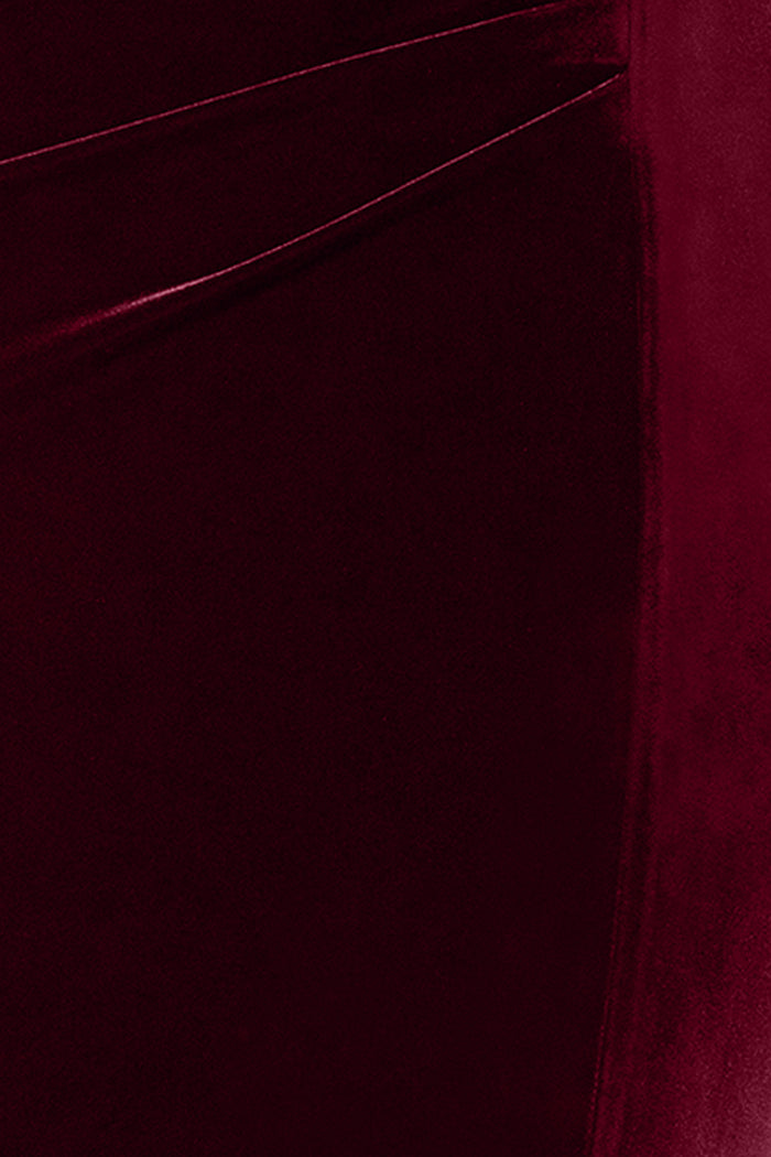 Burgundy “Felicity” Off the Shoulder Ruched Velvet Dress, velvet fabric and ruching detail