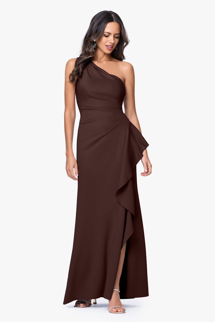 Brown “Flo” Techno Scuba One Shoulder Ruffle Dress, front view