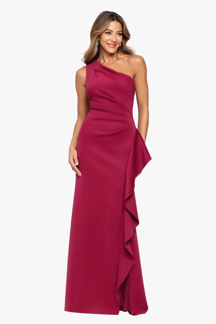 "Flo" Long Techno Scuba One Shoulder Ruffle Dress