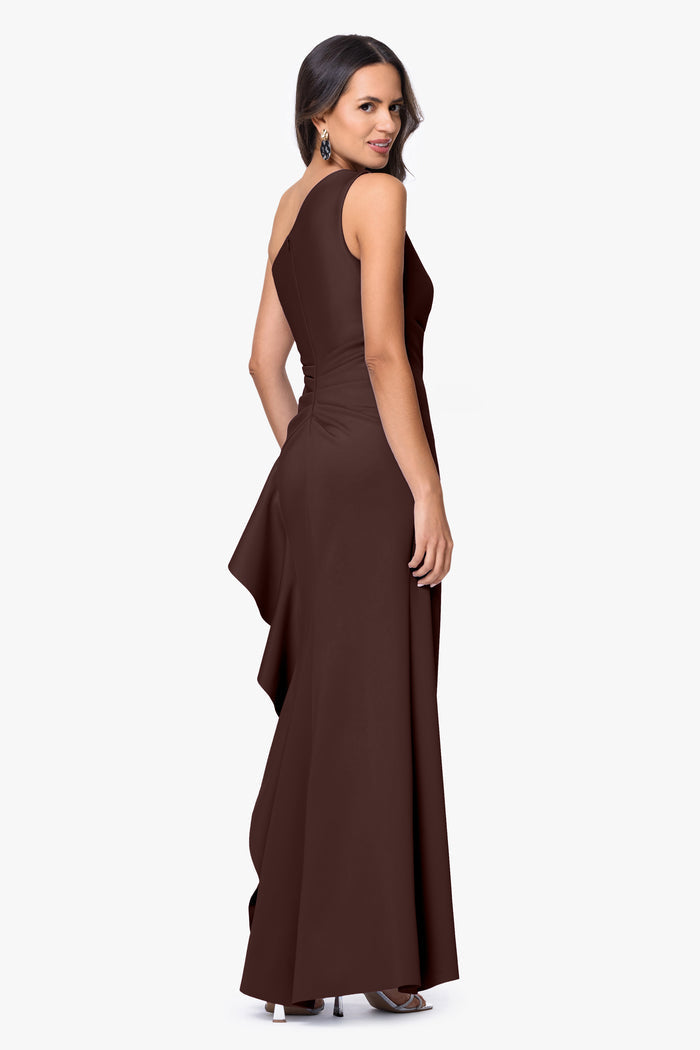 Brown “Flo” Techno Scuba One Shoulder Ruffle Dress, alternate front view with side slit