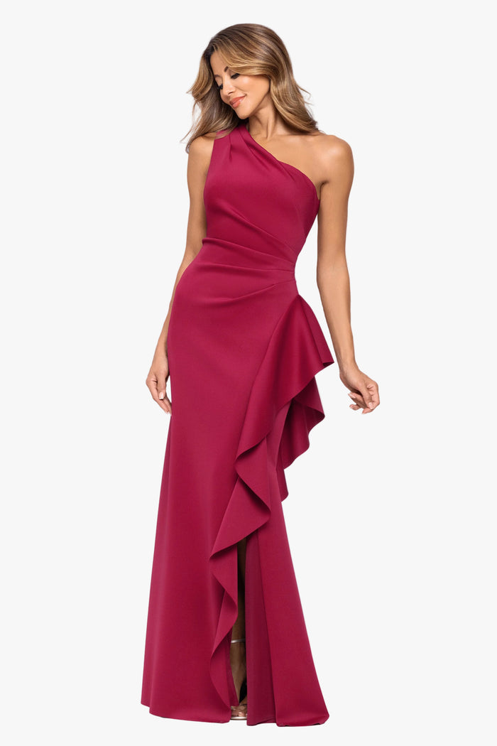 "Flo" Long Techno Scuba One Shoulder Ruffle Dress