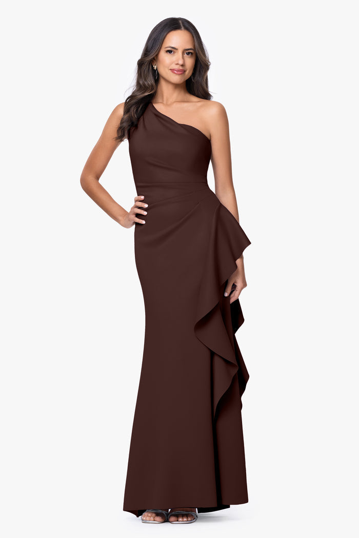 Brown “Flo” Techno Scuba One Shoulder Ruffle Dress, second alternate front view