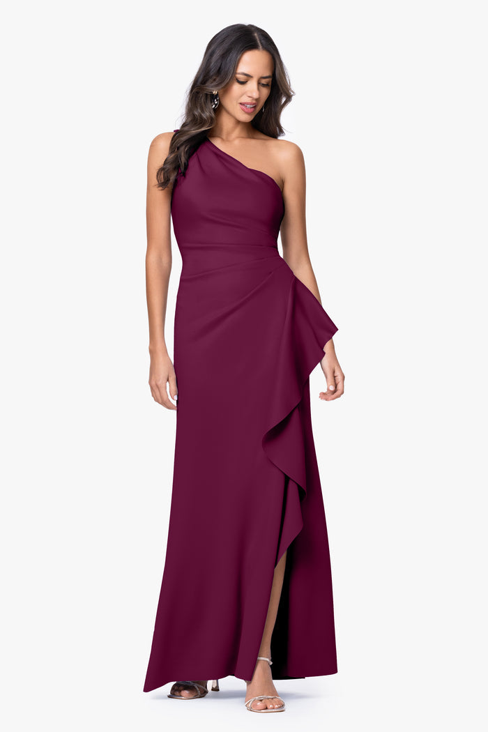 Raisin “Flo” Techno Scuba One Shoulder Ruffle Dress, second alternate front view