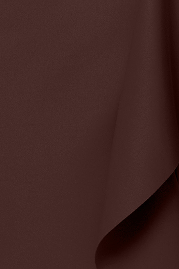 Brown “Flo” Techno Scuba One Shoulder Ruffle Dress, techno scuba fabric and ruffle detail