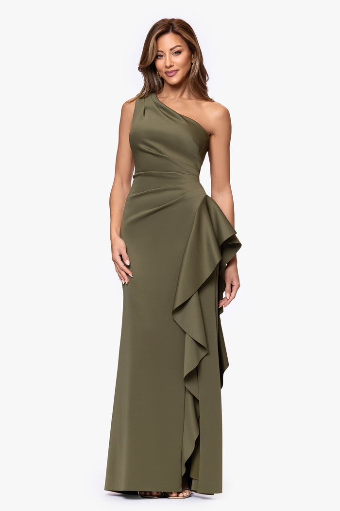 Olive “Flo” Techno Scuba One Shoulder Ruffle Dress, front view