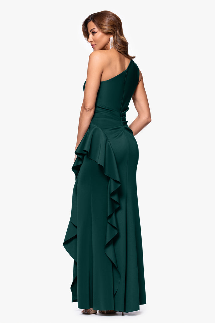 Hunter “Flo” Techno Scuba One Shoulder Ruffle Dress, back view