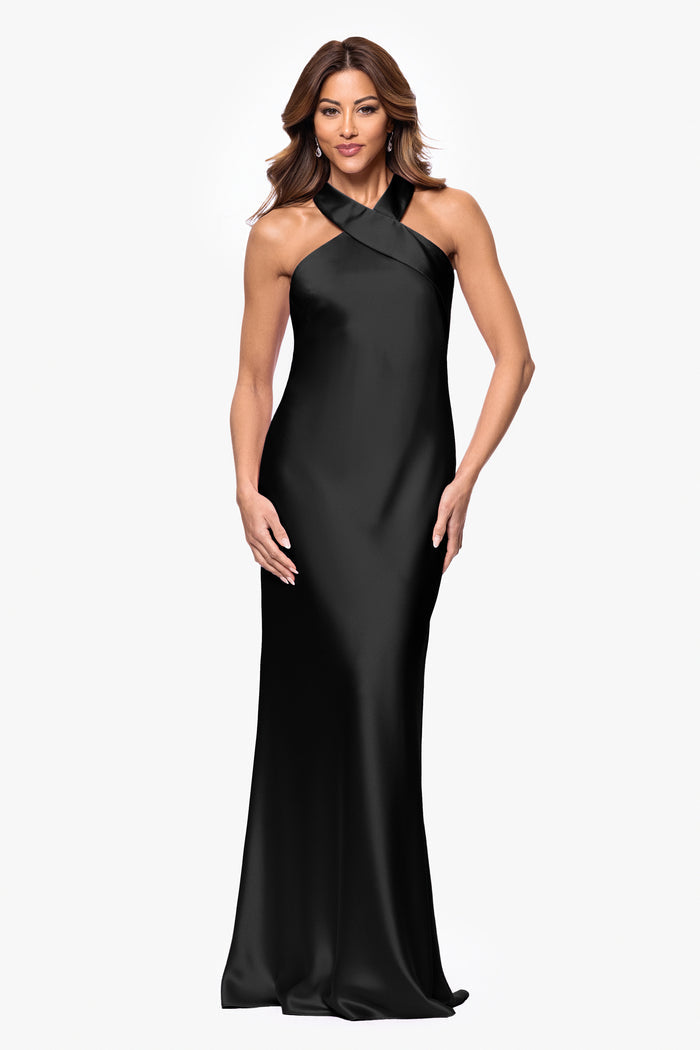 Black “Francesca” Satin Halter Tie Neck Dress, front view