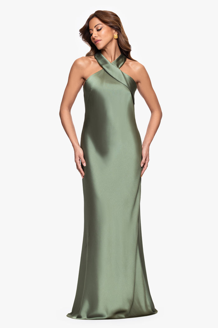 Olive “Francesca” Satin Halter Tie Neck Dress, front view