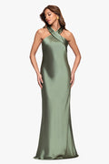 Olive “Francesca” Satin Halter Tie Neck Dress, front view