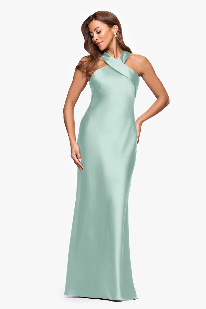Sage “Francesca” Satin Halter Tie Neck Dress, front view