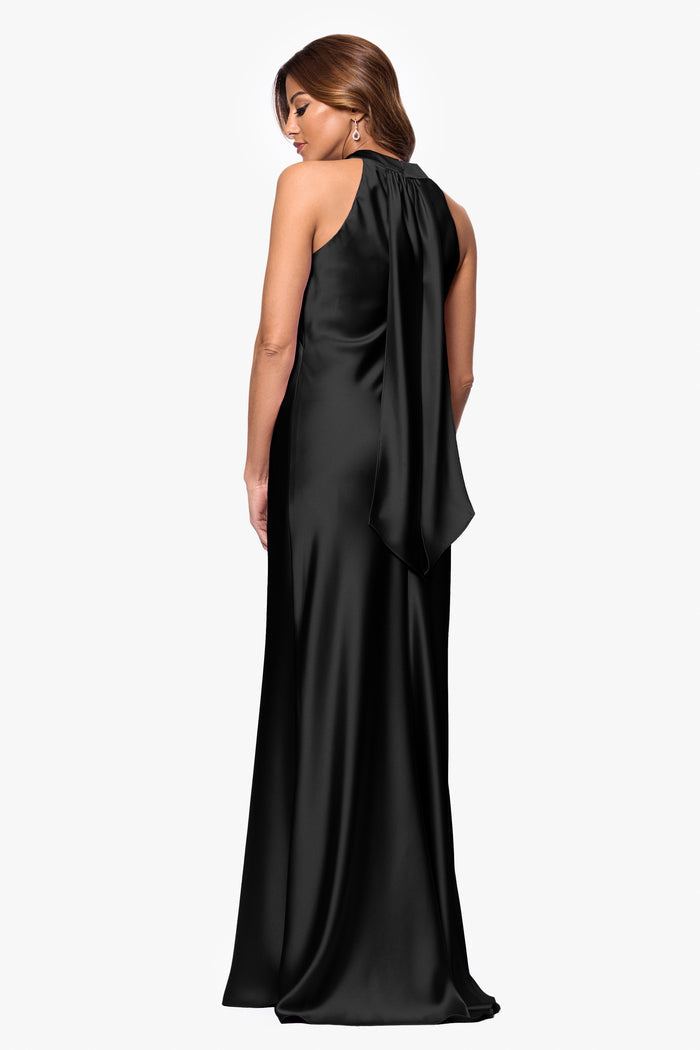 Black “Francesca” Satin Halter Tie Neck Dress, back view